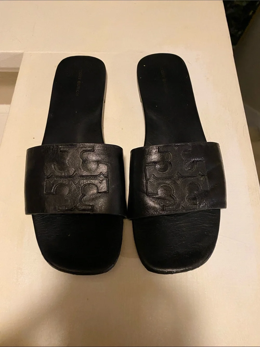 Tory Burch Black Leather Slide Sandals with Logo Strap